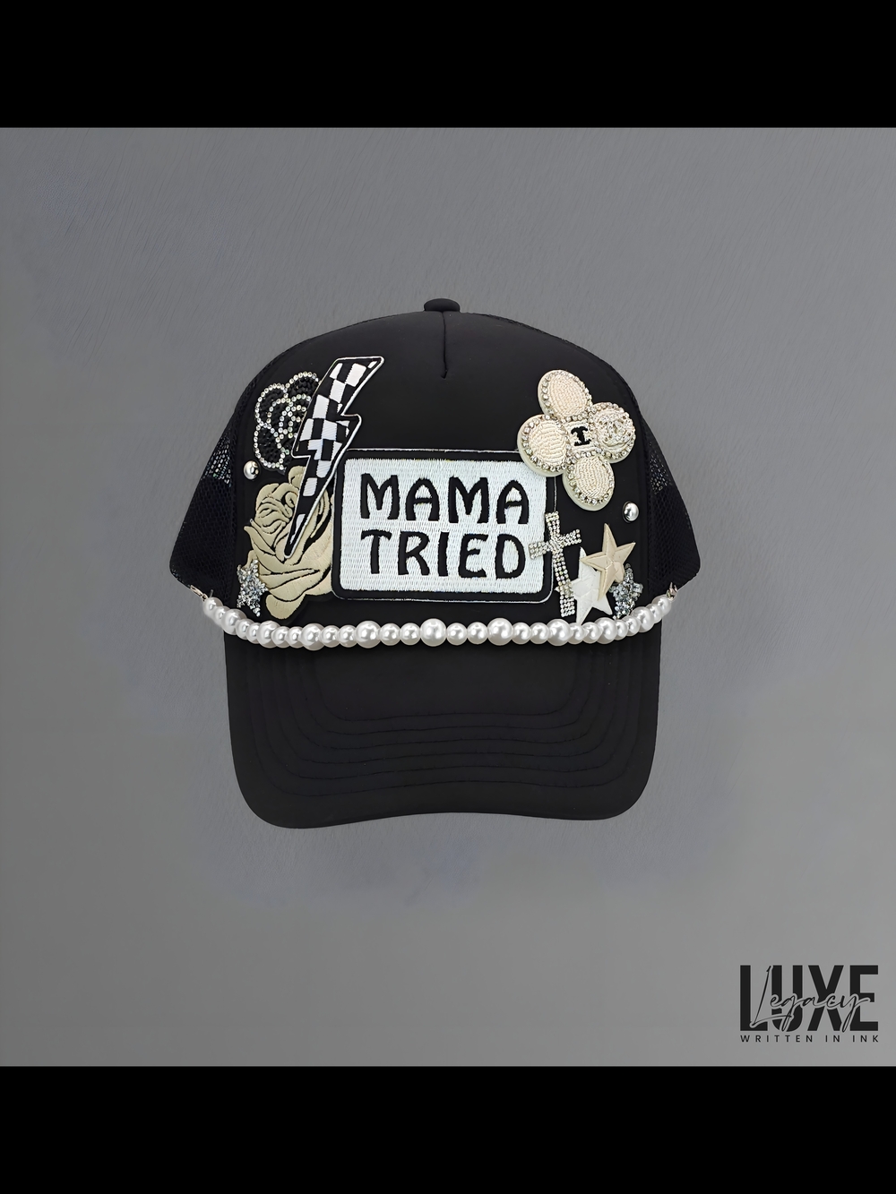 Custom Black "Mama Tried" Embellished Trucker Hat